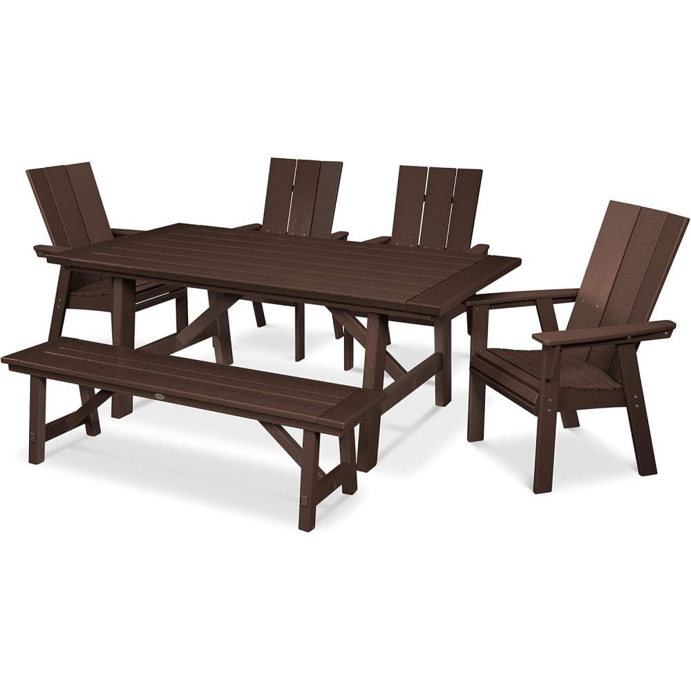 image:imagePolywood Modern Curveback Adirondack 6Piece Rustic Farmhouse Dining Set with Bench in TeakMahogany