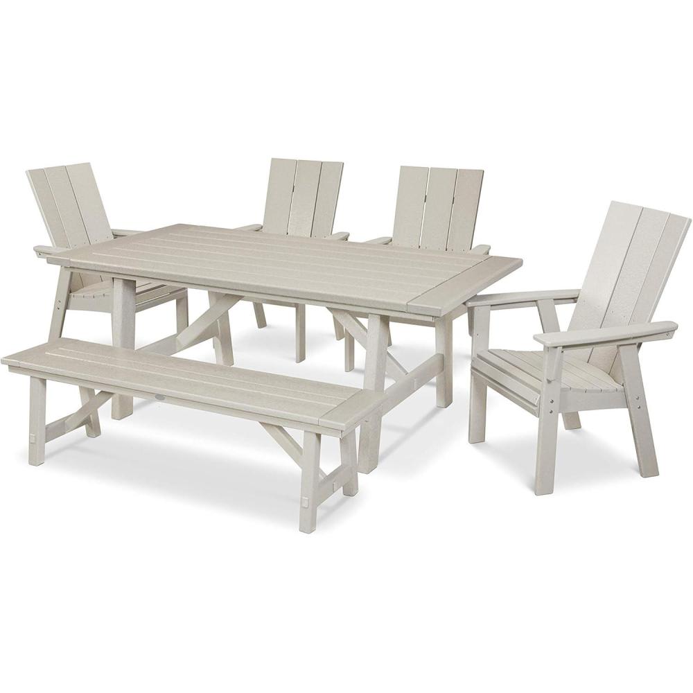 image:imagePolywood Modern Curveback Adirondack 6Piece Rustic Farmhouse Dining Set with Bench in TeakSand