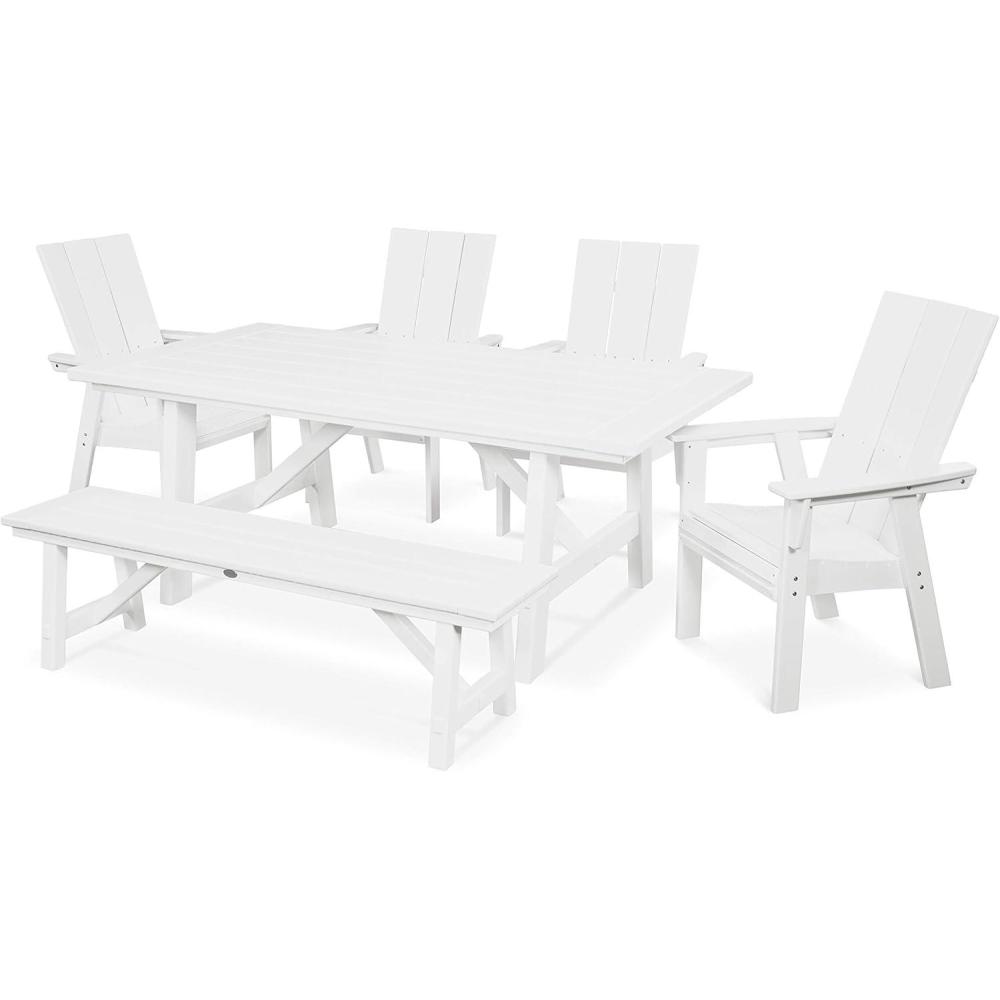 image:imagePolywood Modern Curveback Adirondack 6Piece Rustic Farmhouse Dining Set with Bench in TeakWhite