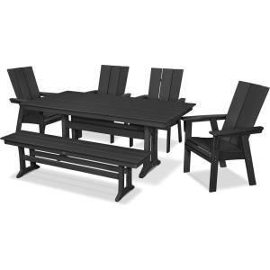Polywood Modern Adirondack 6-Piece Farmhouse Dining Set with Bench (Slate Grey)(Black)