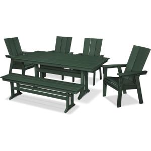 Polywood Modern Adirondack 6-Piece Farmhouse Dining Set with Bench (Slate Grey)(Green)