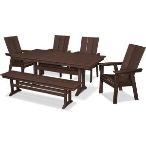 Polywood Modern Adirondack 6-Piece Farmhouse Dining Set with Bench (Slate Grey)(Mahogany)