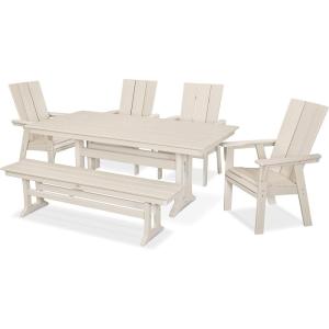 Polywood Modern Adirondack 6-Piece Farmhouse Dining Set with Bench (Slate Grey)(Sand)