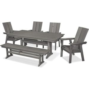Polywood Modern Adirondack 6-Piece Farmhouse Dining Set with Bench (Slate Grey)(Slate Grey)