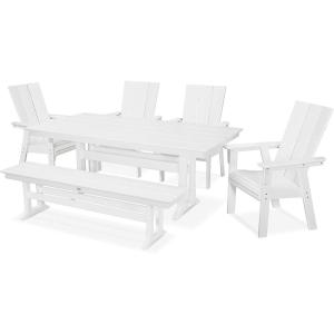 Polywood Modern Adirondack 6-Piece Farmhouse Dining Set with Bench (Slate Grey)(White)
