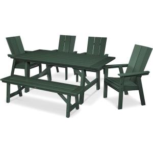 Polywood® Modern Curveback Adirondack 6-Piece Rustic Farmhouse Dining Set with Bench in Teak(Green)
