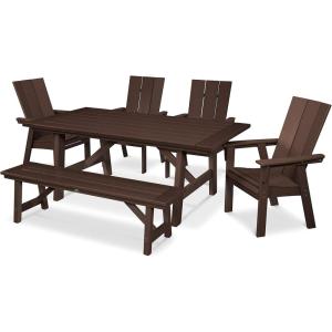 Polywood® Modern Curveback Adirondack 6-Piece Rustic Farmhouse Dining Set with Bench in Teak(Mahogany)