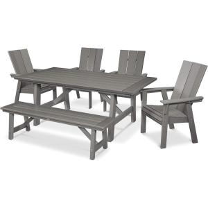 Polywood® Modern Curveback Adirondack 6-Piece Rustic Farmhouse Dining Set with Bench in Teak(Slate Grey)