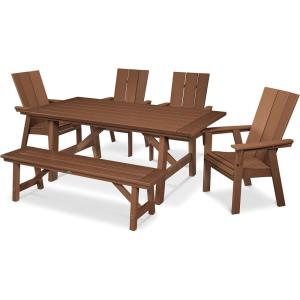 Polywood® Modern Curveback Adirondack 6-Piece Rustic Farmhouse Dining Set with Bench in Teak(Teak)