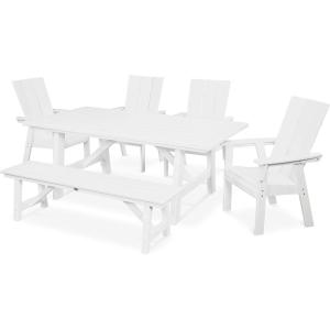 Polywood® Modern Curveback Adirondack 6-Piece Rustic Farmhouse Dining Set with Bench in Teak(White)