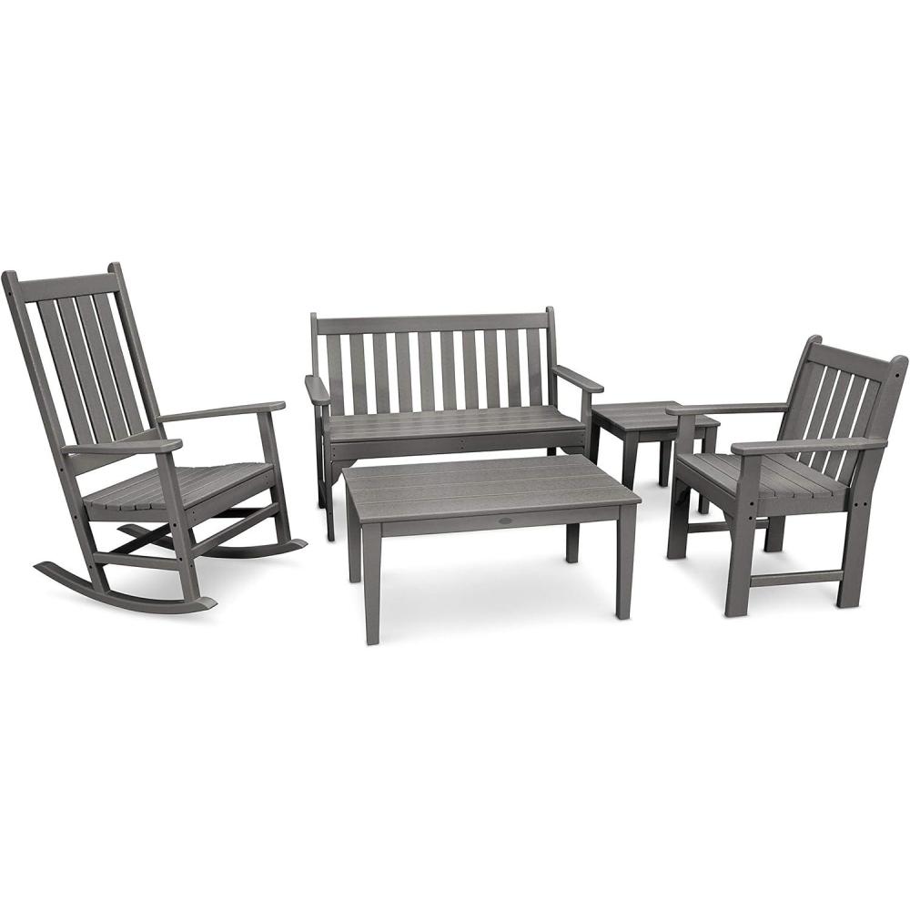 image:imagePolywood Vineyard 5Piece Bench amp Rocking Chair Set BlackSlate Grey