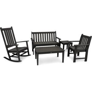 Polywood Vineyard 5-Piece Bench & Rocking Chair Set (Black)(Black)