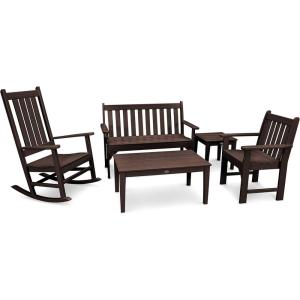 Polywood Vineyard 5-Piece Bench & Rocking Chair Set (Black)(Mahogany)
