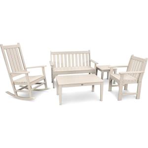 Polywood Vineyard 5-Piece Bench & Rocking Chair Set (Black)(Sand)