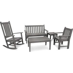 Polywood Vineyard 5-Piece Bench & Rocking Chair Set (Black)(Slate Grey)