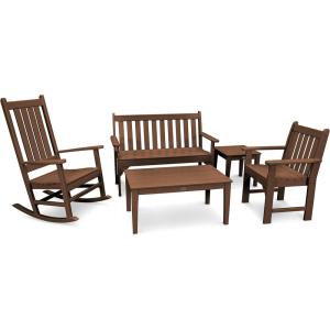 Polywood Vineyard 5-Piece Bench & Rocking Chair Set (Black)(Teak)