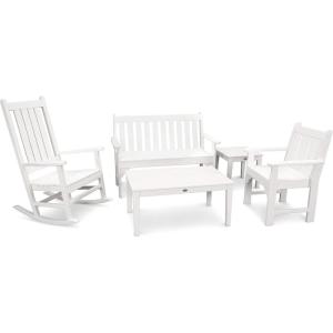 Polywood Vineyard 5-Piece Bench & Rocking Chair Set (Black)(White)